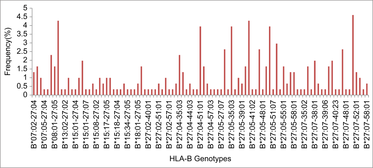 Frequency of HLA B27 allelic combinations (genotypes) in the studied population group. HLA: Human leukocyte antigen.