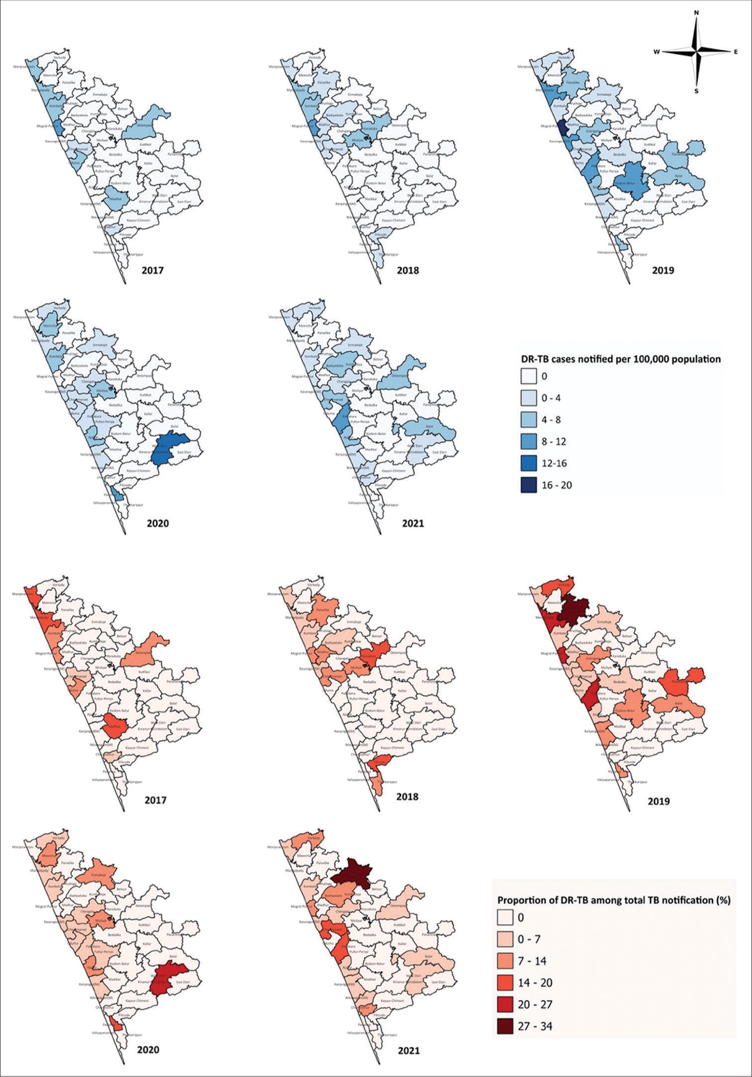 Drug-resistant tuberculosis (DR-TB) notification by local self-government units, Kasaragod, 2017–2021.